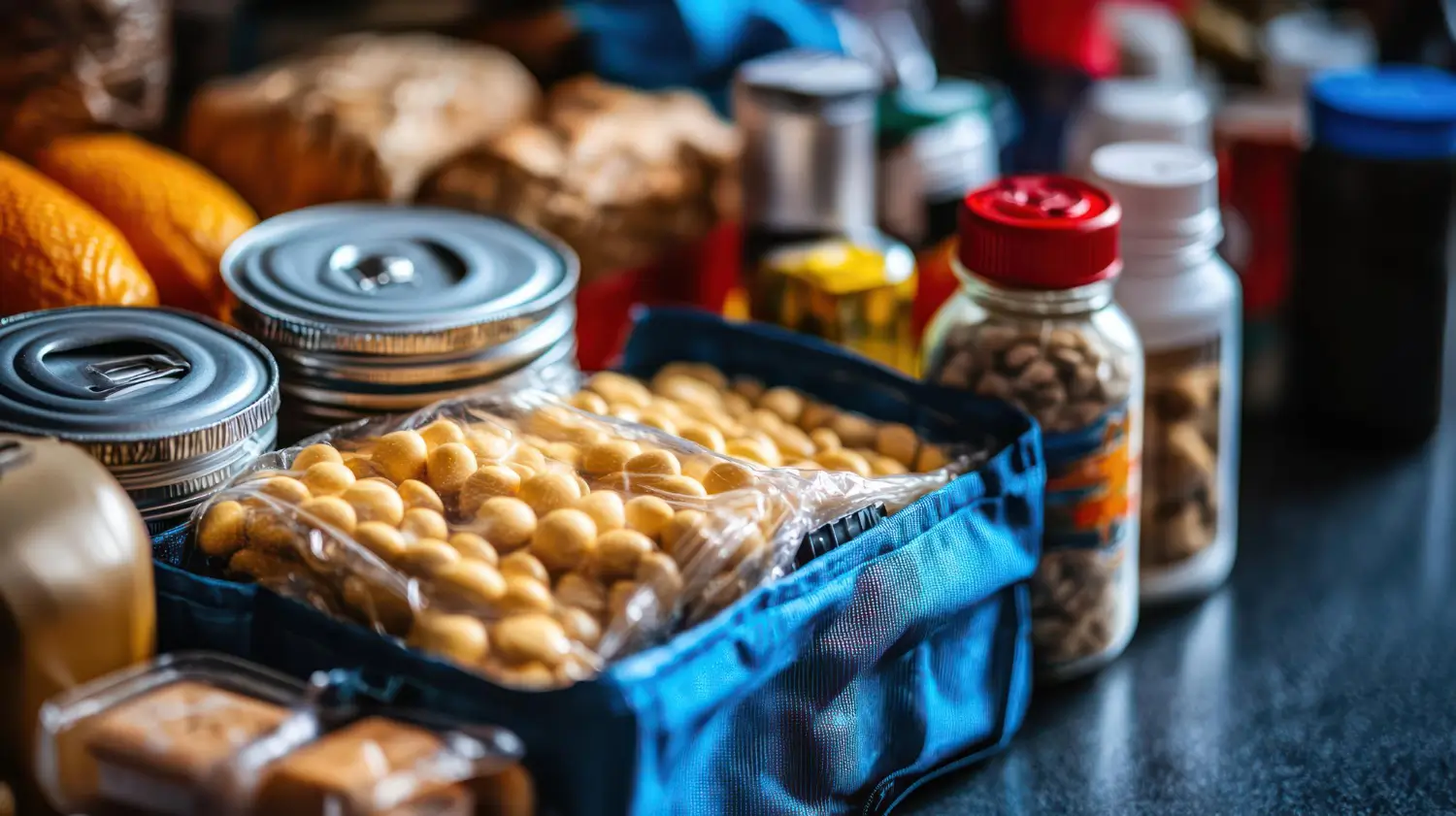 Latas, potes e embalagens de produtos de consumo sobre uma mesa