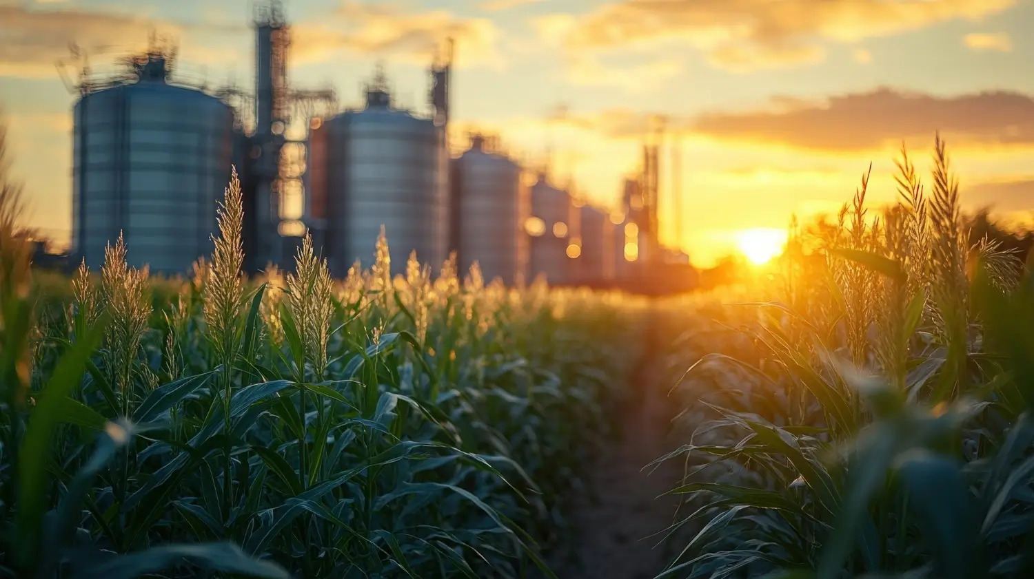 Milharal em primeiro plano e silos de uma usina ao fundo, ao pôr do sol