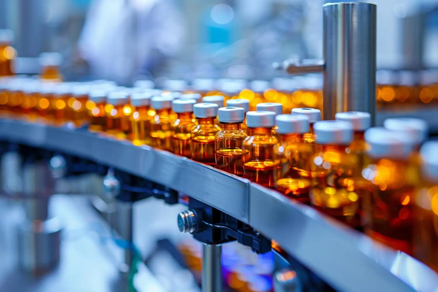 Frascos âmbar em uma esteira de envase de uma linha farmacêutica