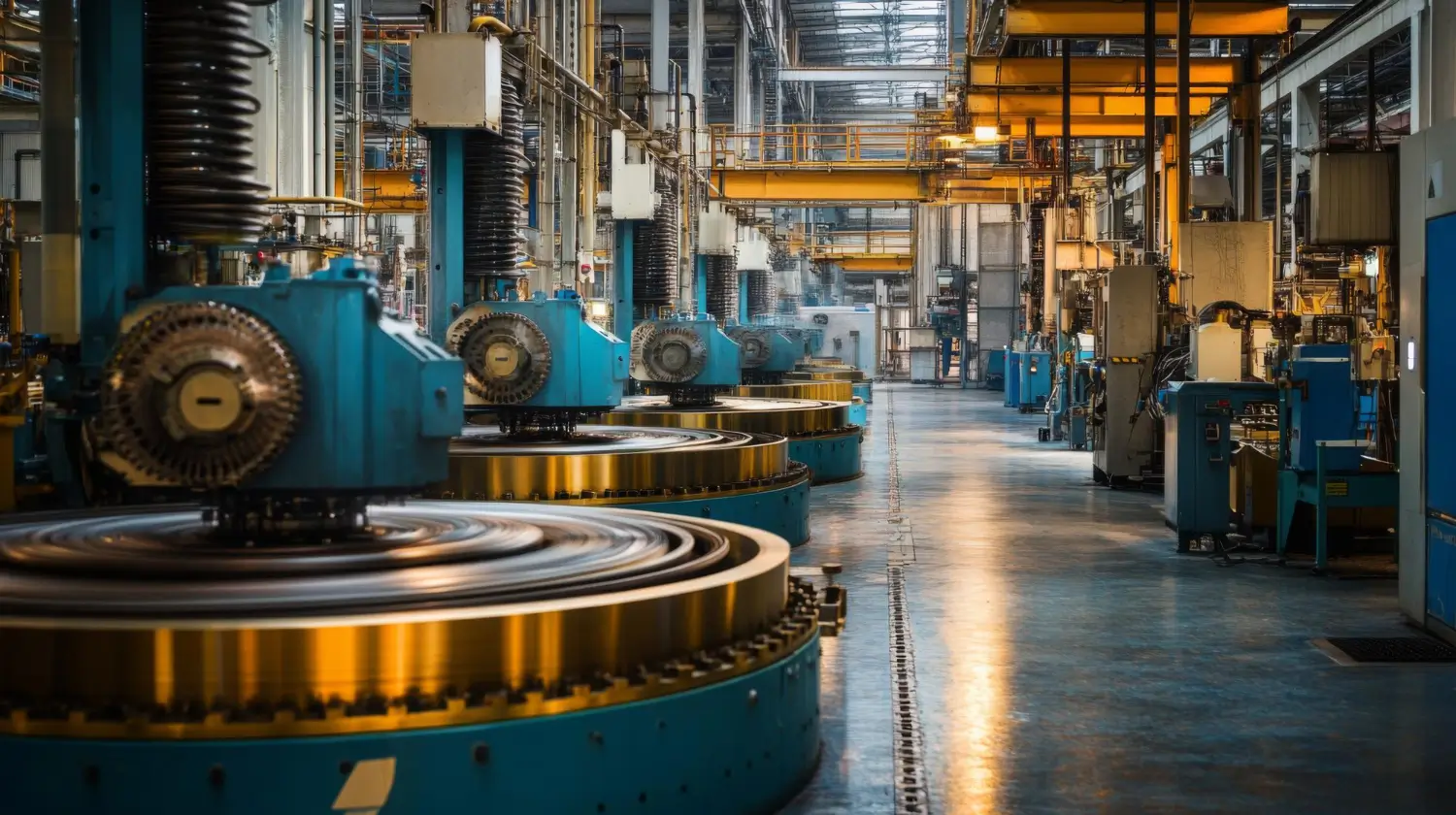 Galpão industrial com fileiras de máquinas de usinagem